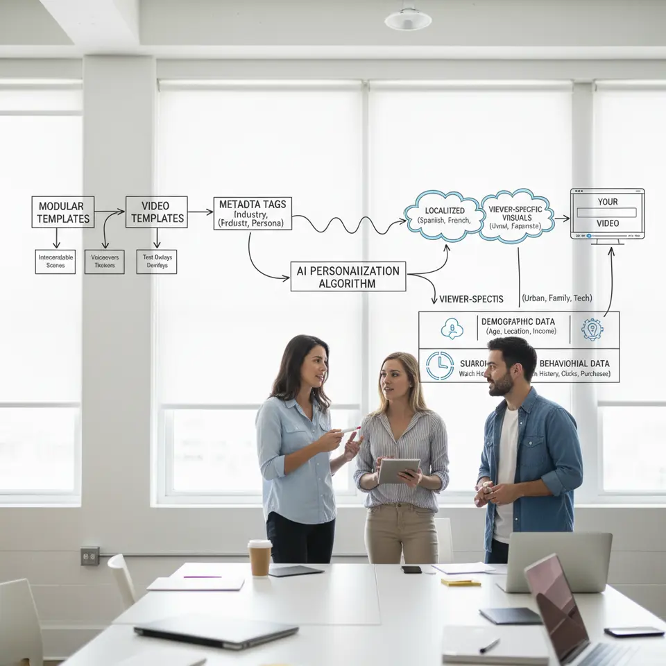 An AI-driven video personalization workflow diagram: modular video templates with interchangeable scenes, voiceovers, and text overlays tagged by metadata, flowing into an algorithm that swaps in localized language and viewer-specific visuals based on demographic and behavioral data.