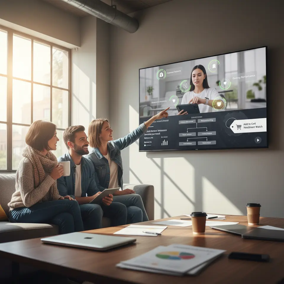 An interactive video interface showcasing clickable hotspots and branching storylines: decision nodes lead viewers to different product features or use-case scenarios, overlaid quizzes and polls, plus shoppable product tags that let users add items to cart in real time.