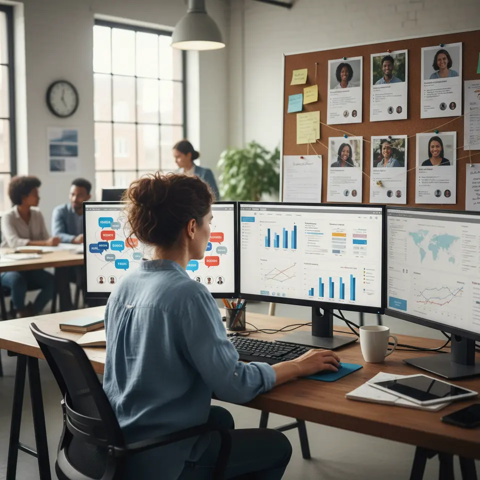 A scene depicting data-driven audience research: a marketing professional surrounded by charts and graphs on screens, detailed buyer personas on a pinboard, and social media sentiment clouds overlaying demographic icons, illustrating the process of gathering and analyzing audience insights.