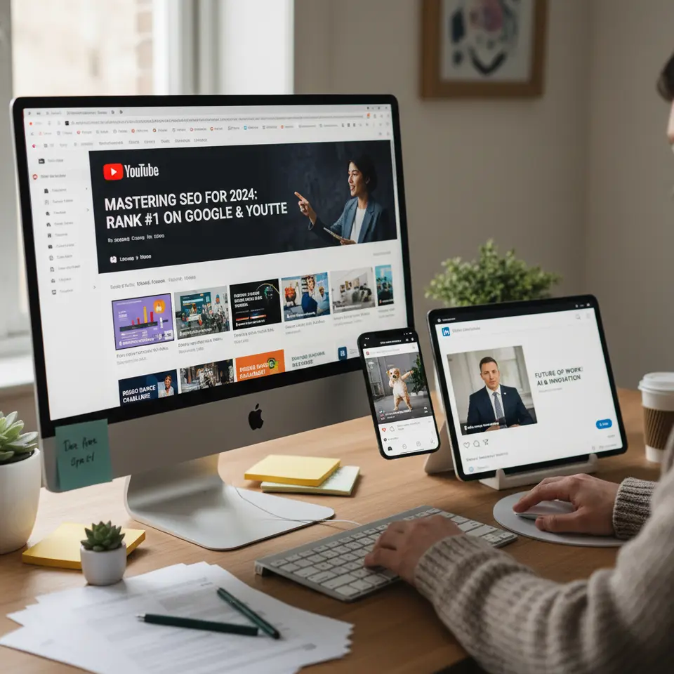 An illustration of multi-platform video optimization: a desktop displaying a long-form YouTube video with keyword-rich title and custom thumbnail, alongside a smartphone showing a vertical Instagram Reel and TikTok clip, and a tablet featuring a LinkedIn professional video—each framed with their respective aspect ratios (16:9, 9:16, 1:1) and platform-specific UI elements.