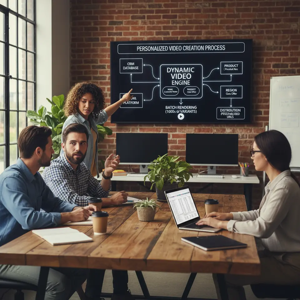 A detailed workflow diagram illustrating the personalized video creation process: multiple data sources (CRM database, website analytics, email platform) funnel into a dynamic video template engine. Show placeholders for names, product recommendations, and region-specific offers being populated automatically, batch rendering of thousands of unique video variants, and distribution via personalized URLs to viewers.
