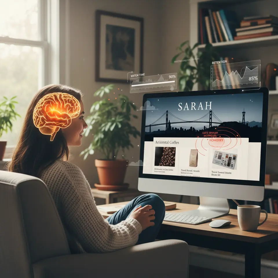 An engaging visualization of viewer engagement with personalized video content: a person watching a screen that displays their name, local landmarks, and tailored product suggestions. Depict the viewer’s brain with reward centers lighting up, alongside floating metrics like watch time bars, click-through hotspots, and retention graphs to emphasize enhanced attention and conversion.