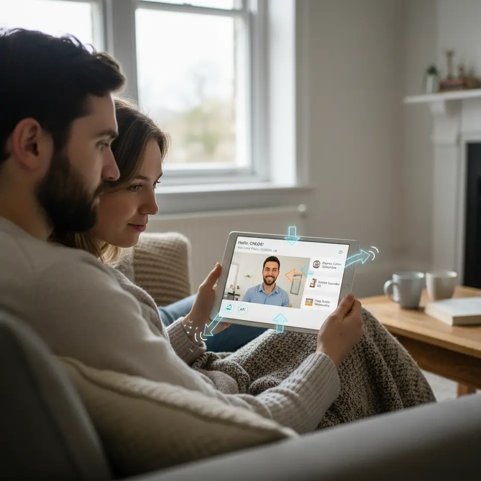 A computer or mobile screen playing a personalized video with on-screen overlays showing the viewer’s name, location, recommended products, and dynamic branching arrows—plus small icons for CRM and API integration to illustrate real-time data insertion.