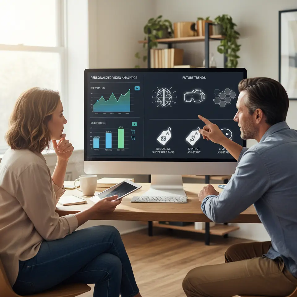 A split-scene dashboard: left side shows analytics charts (view rates, watch time graphs, click-through and conversion bars) for personalized videos; right side features icons representing emerging trends—an AI brain, VR headset, AR overlay, interactive shoppable tags, and a chatbot speech bubble—to convey future directions.