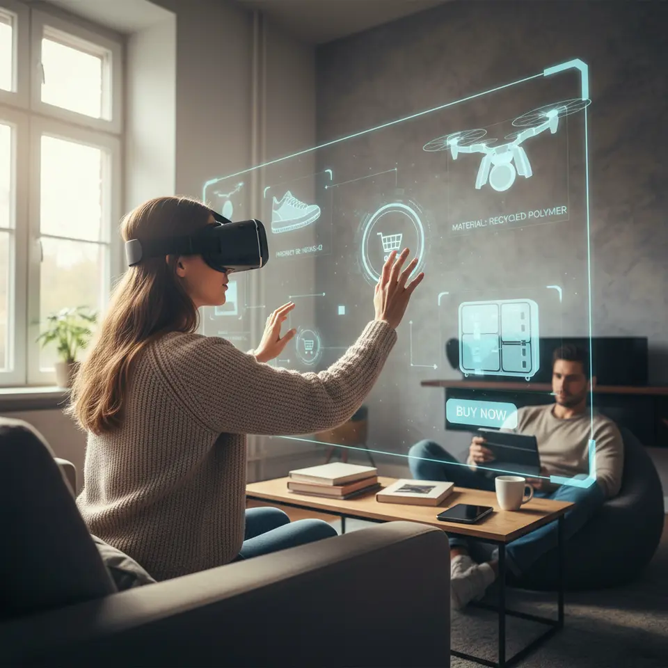 Immersive Experiences and Future Trends: a futuristic scene showcasing a 360° virtual showroom where a user explores products in a VR headset, augmented reality filters overlaying product details, and interactive shoppable video icons hovering in midair to click and purchase