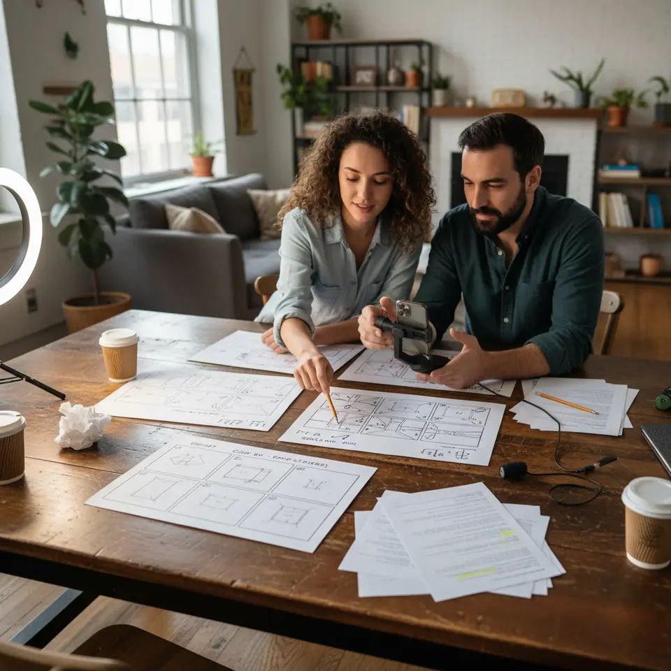 Storyboarding and Production Planning: a detailed storyboard layout with hand-drawn frames, camera angle arrows, on-screen text notes, and audio cue symbols, surrounded by production tools like a smartphone on a gimbal, ring light, lapel microphone, and script pages