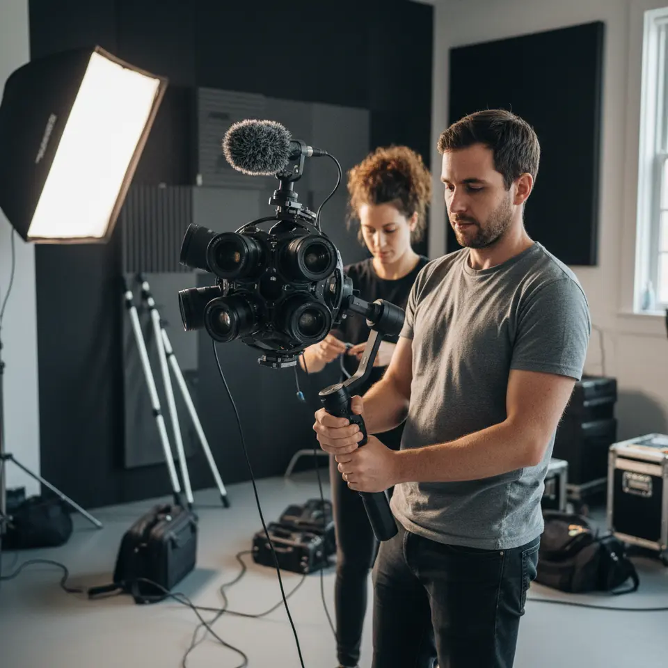 A detailed illustration of a professional 360° camera rig: six synchronized lenses arranged on a spherical mount, mounted on a compact gimbal, with an ambisonic microphone array attached—set against a studio backdrop showing cables, stabilizer handles, and lighting stands.