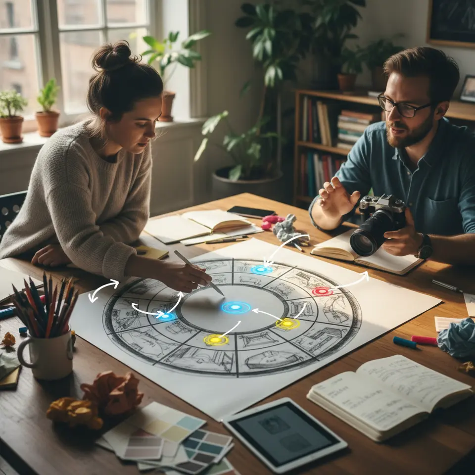 A creative spherical storyboard layout for a 360° video campaign: a curved panoramic grid with sketch panels wrapped into a circle, marked interactive hotspots in bright colors, arrows indicating viewer gaze paths, and lighting cues to guide focus—on a designer’s workspace with color swatches and pencils.
