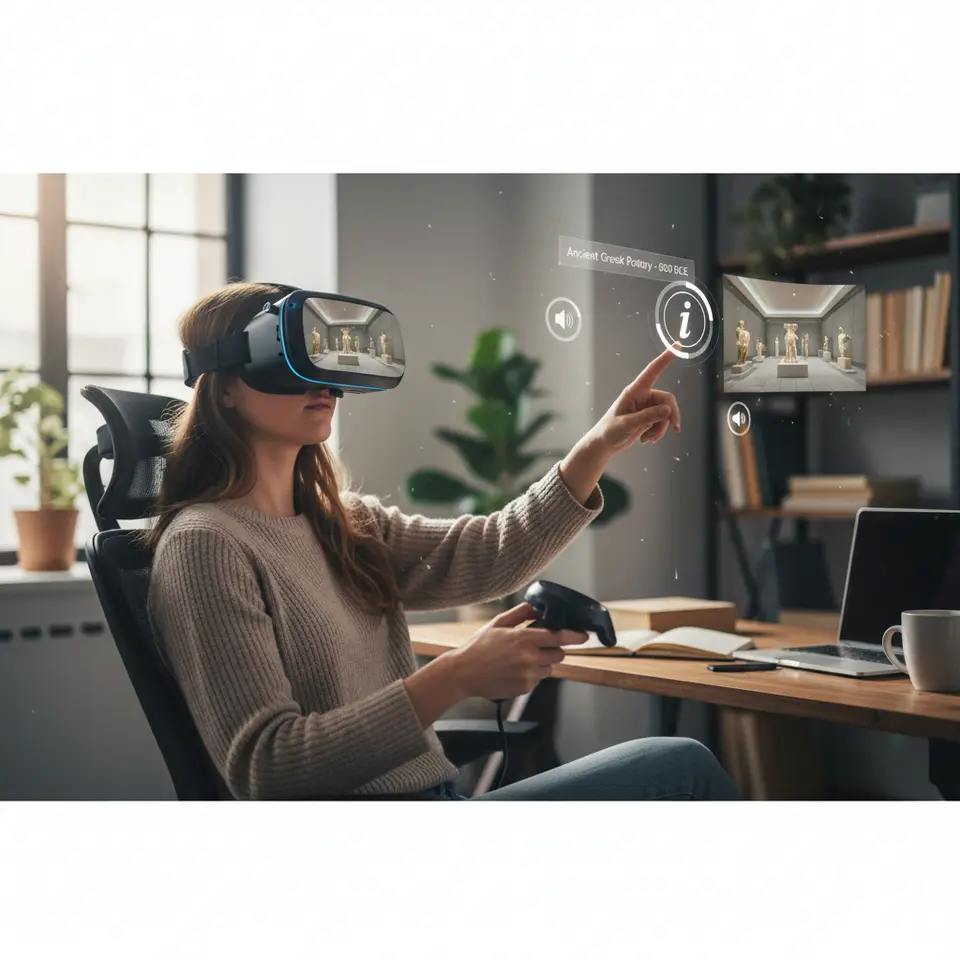 360° and VR Integration – An immersive 360° virtual reality scene viewed through a headset, featuring a realistic environment (e.g., a museum gallery or a property walkthrough) with floating interactive icons or hotspots. The user, wearing VR goggles, looks around the full panorama and points or clicks at objects to trigger pop-up information or audio cues.