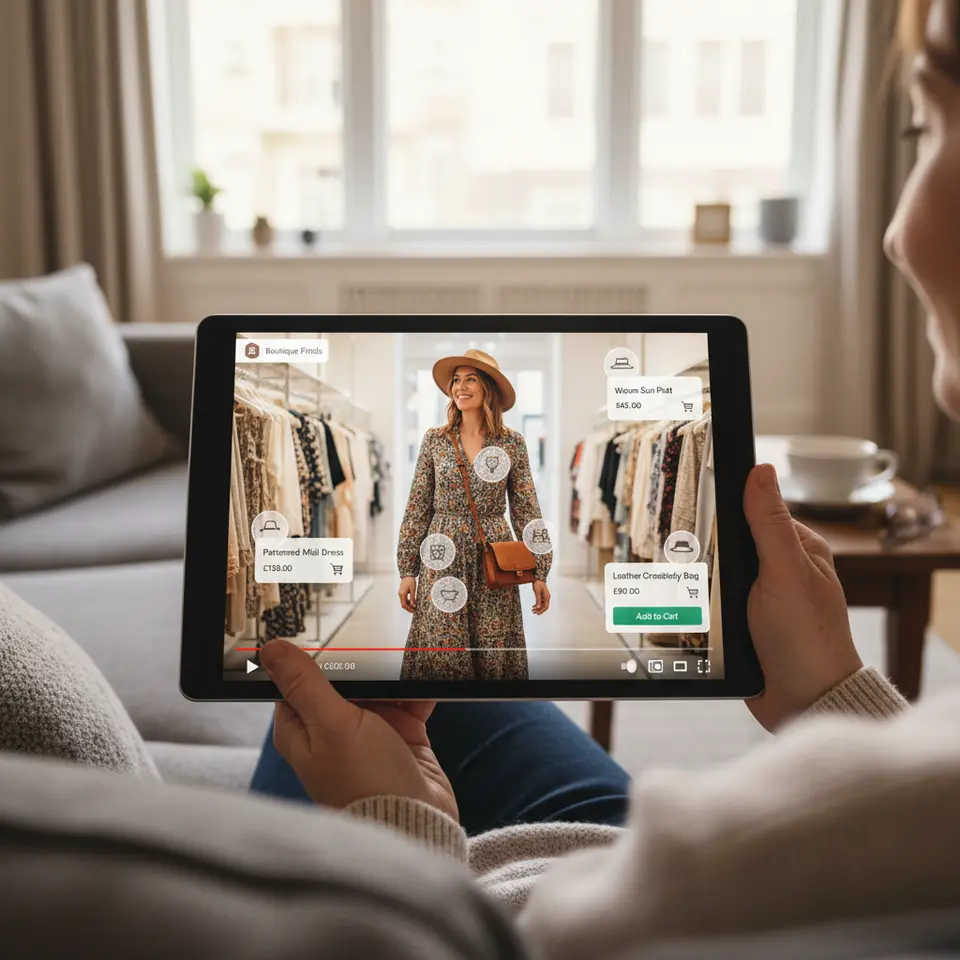 Shoppable Video Overlay: a sleek video player displaying a lifestyle scene (e.g., a model walking through a boutique), with interactive product hotspots tagging garments and accessories—each hotspot reveals price tags, shopping cart icons, and 'Add to Cart' buttons directly on the video frame
