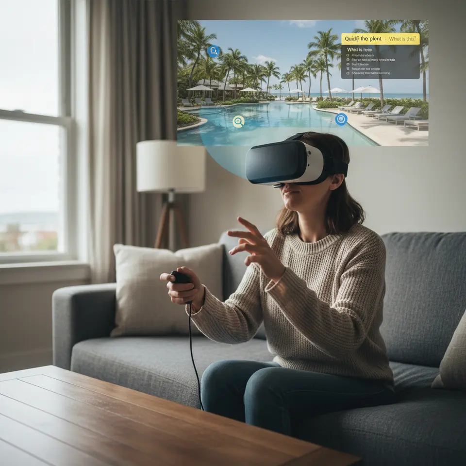 360° Virtual Reality Interactive Experience: a user wearing a VR headset immersed in a customizable 360° environment (such as a real estate walkthrough or tropical resort), with floating clickable hotspots and embedded quiz pop-ups appearing as the viewer looks around
