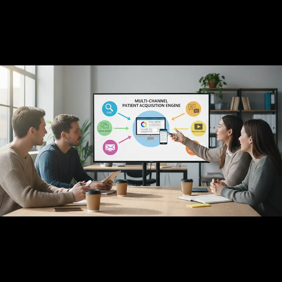 A colorful infographic of a multi-channel patient acquisition engine: at the center, a clinic website on desktop and mobile, with arrows radiating out to icons for Search (magnifying glass/SEO), Social Media (chat bubbles, Facebook, Instagram), Content Marketing (blog post, video play button), and Paid Ads (PPC ad banner)