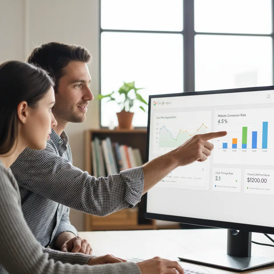 A detailed analytics dashboard on a computer screen displaying key performance indicators: line and bar charts for Cost Per Acquisition, Website Conversion Rate, Click-Through Rate, and Patient Lifetime Value, with Google Analytics and Data Studio style widgets and metrics panels